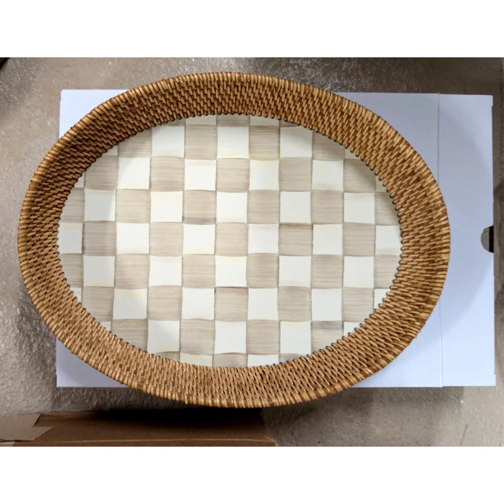 MacKenzie Childs Rattan Enamel Serving Tray Mocha Check Large Oval Tan